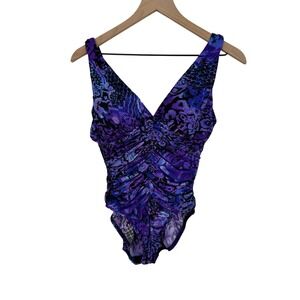 Miraclesuit One Piece Swimsuit Womens 12 Purple Blue Snakeskin Ruched Slimming